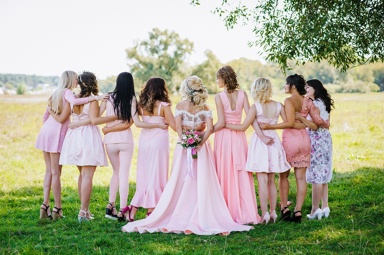 woman, bridal party, lineup, wedding, bride, bridesmaids, dresses, field, wedding, wedding, wedding, wedding, wedding
